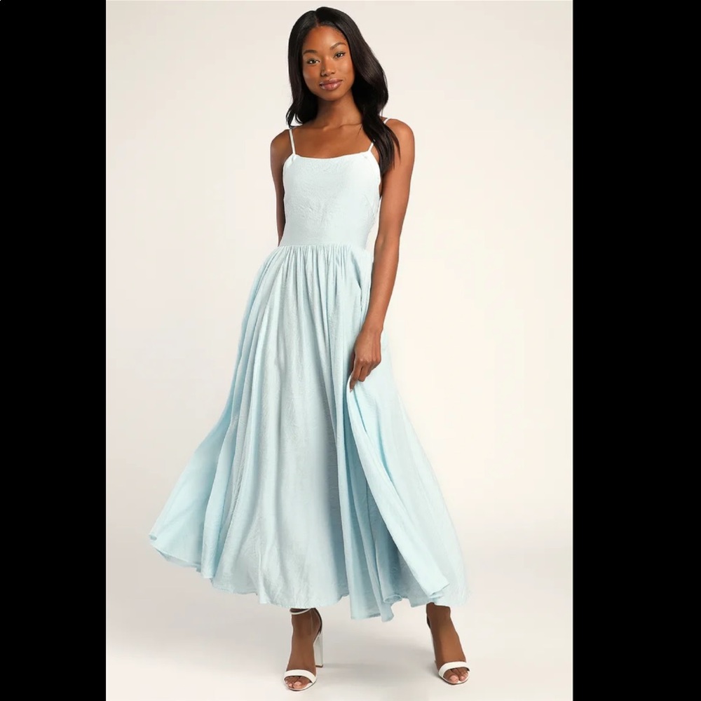 Lulu’s Runaway With Me Light Blue Sleeveless Lace-Up Maxi Dress